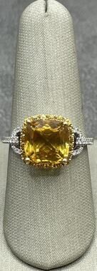 14K Gold Two-tone Cushion Cut Yellow Stone & Diamond Accent Ring (27463)
